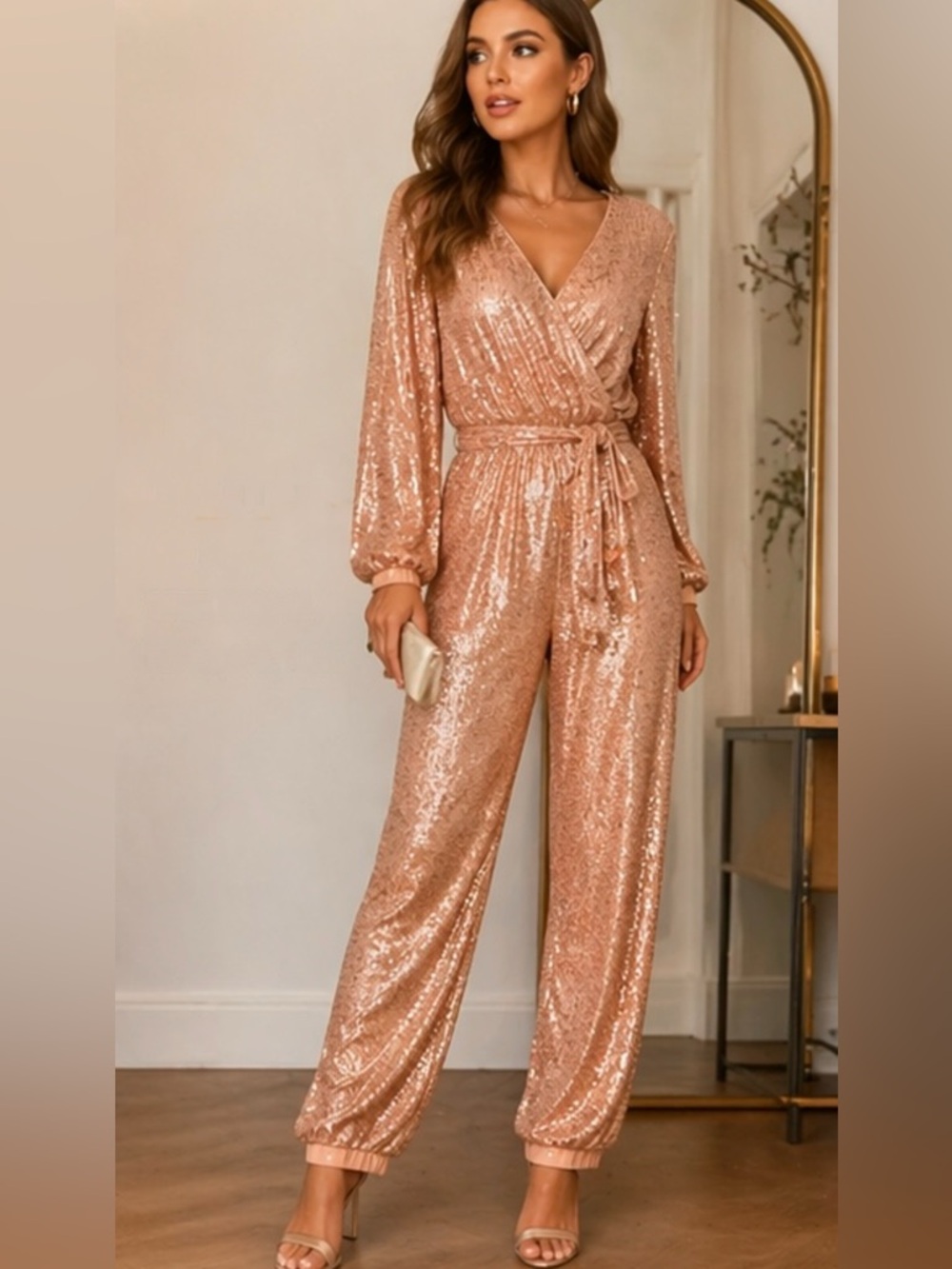 Main Strip NWT Rose Gold Sequin Wrap Jumpsuit Small Glam Event Party